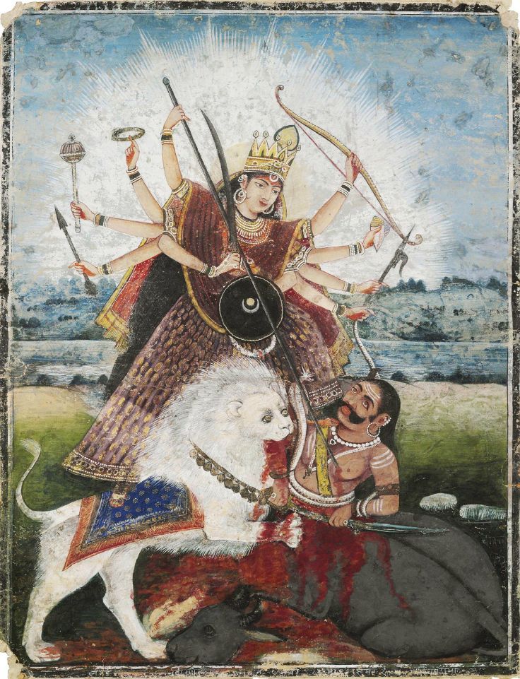 Painting of the Goddess Durga. Gouache heightened with gold on paper, the ten-armed goddess stands with one foot on her white lion and the other on the wounded human and buffalo manifestations of Mahishashura, white border, black margins, rubbing, flaking and spotting 26¼ x 20¼in. (66.4 x 51.1cm.)